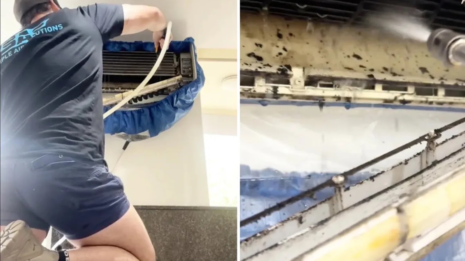 Simple Air Solutions technician deep cleaning a split system air conditioner
