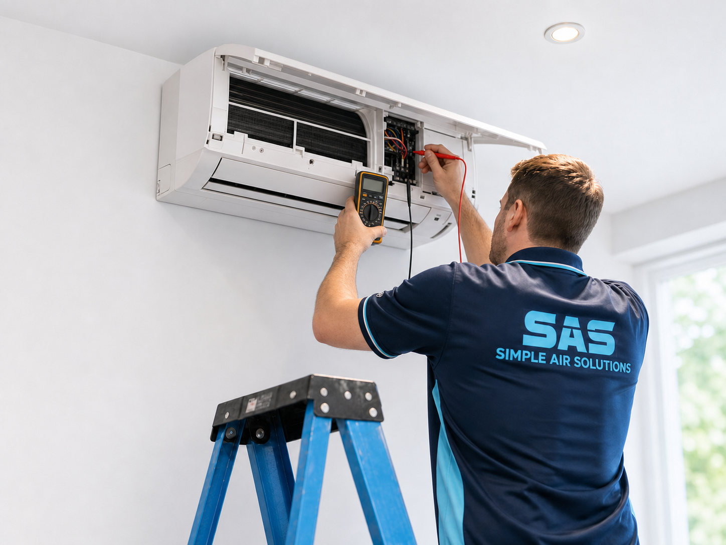 Air conditioning technician testing and repairing an open wall mounted split system
